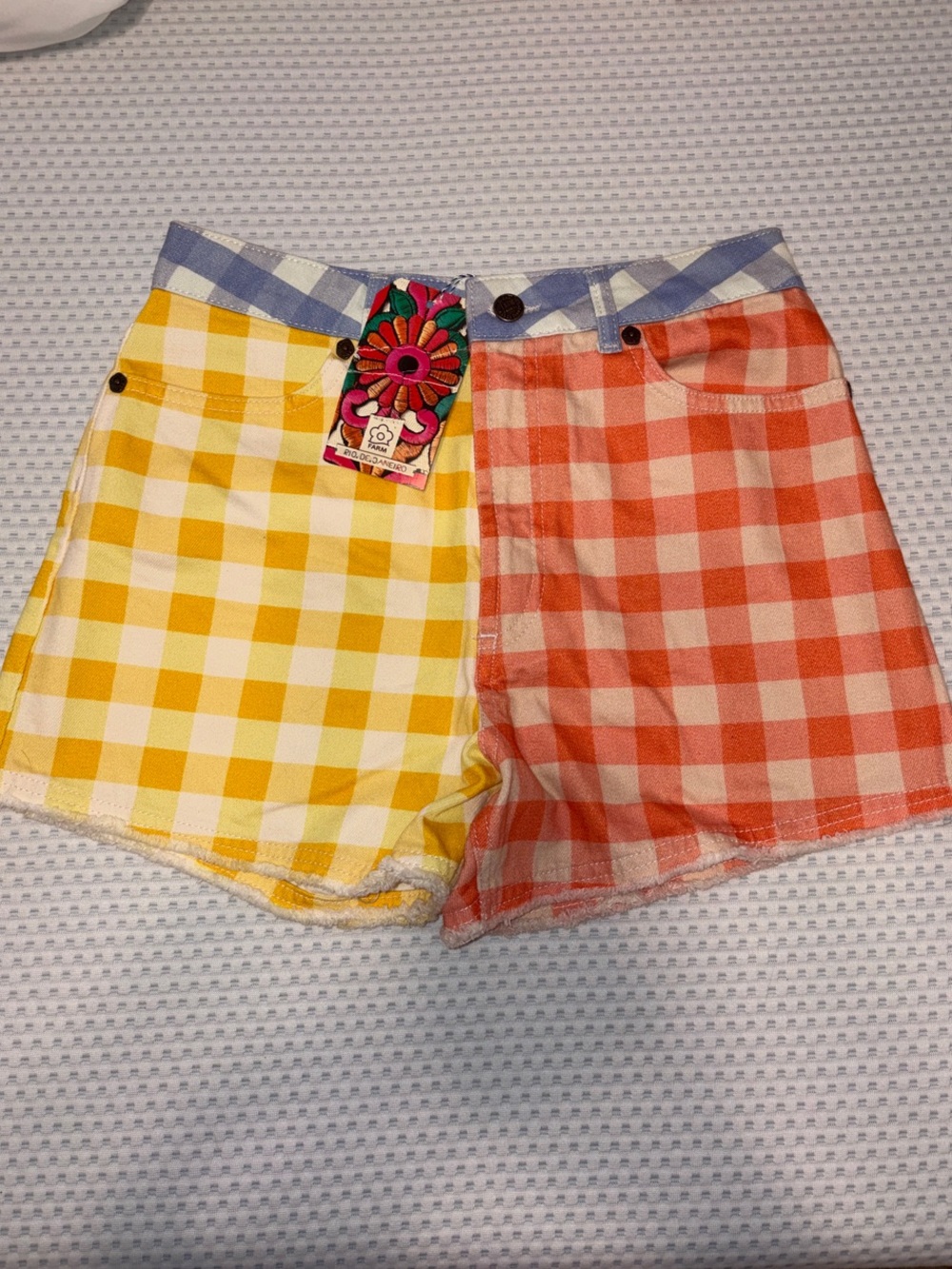 FARM Rio x Anthropologie Gingham Colorblock High-Rise Shorts - Yellow & Orange